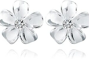 Reffeer Solid 925 Sterling Silver Plumeria Flower Stud Earrings for Women Teen Girls Crystal Flower Stud Earrings