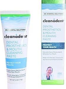 Dr. B Dental Solutions Cleanadent Denture and Gum Toothpaste, ADA Accepted All-Natural Denture Toothpaste for Adults - Removes Odors, Surface Stains and Adhesives - 4 oz