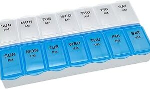 Amazon Basic Care (7-Day) AM/PM Pill Organizer, Vitamin Case, And Medicine Box, Large Compartments, 2 Times a Day, Blue and Clear Lids