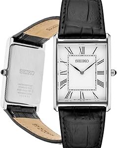 Seiko Essentials Watch for Men - Essentials - Water Resistant with Stainless Steel Rectangular Case and Leather Strap