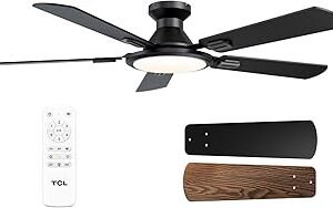 TCL Ceiling Fans with Lights, 52 Inch Low Profile Ceiling Fan with Light and Remote Control, Flush Mount, DC Reversible Motor, Noiseless, 6 Speeds Ceiling Fan for Bedroom (Black)