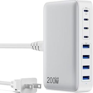 USB C Charger 200W USB C Charger Block,Upgraded GaN III 8-Port Fast Charging Station Hub,PD 65W Laptop Charging Adapter Compatible with MacBook Pro/Air,DELL,Steam Deck,iPhone 16/15/14,Galaxy S23/22