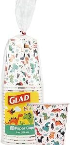 Glad for Kids Dinosaur Paper Cups, Heavy Duty Soak-Proof Disposable Kids Party Drink Cups for Cold Beverages, Juice and Water, Multicolor Dino Design, 9 Oz, 20 Count