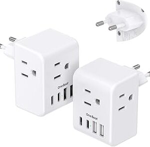 2 Pack European Travel Plug Adapter, International Power Plug Adapter with 3 Outlets 4 USB Charging Ports(2 USB C), Type C Plug Adapter Travel Essentials to Most Europe EU Spain Italy France Germany