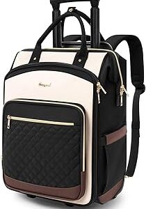 Rolling Backpack for Women, Travel Backpack with Wheels, Dual-Opening Wheeled Laptop Backpack, Stylish Rolling Laptop Bag, Overnight Underseat Carry on Luggage for College Business Work, Beige Brown