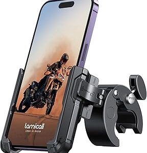 Lamicall Motorcycle Phone Mount Holder - [Camera Friendly] [1s Lock] Bike Phone Holder Handlebar Clamp, Bicycle Scooter Phone Clip, Gifts for iPhone 17, 16, 15 Pro Max, Galaxy S25 Ultra, 4.7-7 Phones