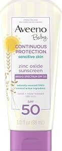 Aveeno Baby Continuous Protection Zinc Oxide Mineral Sunscreen Lotion for Sensitive Skin, Broad Spectrum SPF 50, Tear-Free, Sweat- & Water-Resistant, Paraben-Free, Travel-Size, 3 fl. oz