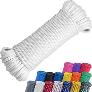 SMART&CASUAL 100 ft 1/4 Polyester Rope (Comparable to Nylon Rope) Poly Strong Utility Cord for Clothes Line Flag Pole Camping Crafting (White)