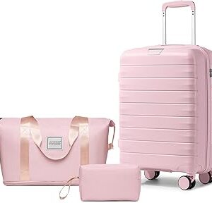 LARVENDER Luggage Sets 3 Piece with Duffel Bag Hardside PP Carry On Suitcase with 360° Spinner Wheels TSA Lock Luggage Sets for Women, Orchid Pink