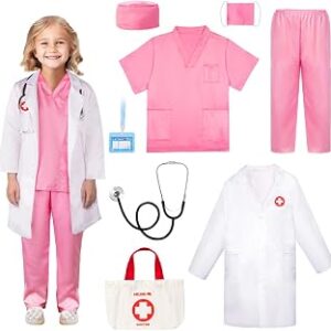 Meland Doctor Costume for Girls - Kids Scrubs with Lab Coat & Carry Bag, Doctor Dress Up for Halloween, Career Day Role Play
