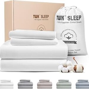 TWK 1200 TC 100% Egyptian Long-Staple Cotton Bedding Sheets Set, Luxury Hotel Style Deep Pocket with Elastic Reinforced Seams Sheet Set, Soft & Comfy Natural Sheets(White King)