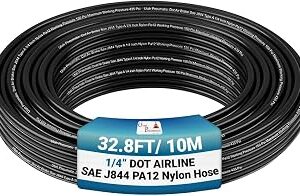 Utah Pneumatic 1/4 Air Line Tubing, 32.8ft Nylon Pa12 Hose, Dot Approved For Truck, Trailer & Industrial Use, High Pressure Flexible Pneumatic Line (black)