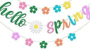 Hello Spring Banner, Colorful Glitter Spring Flower Banner Garland, Spring Party Decorations for Spring Easter Indoor Outdoor Home Mantel Fireplace Hanging Décor