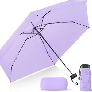 LEAGERA Compact Mini Travel Umbrella with Case - Mini Umbrella for Purse, Small Lightweight &Tiny Design Perfect for Parasol Outdoor Sun&Rain Umbrellas, Light Purple Color