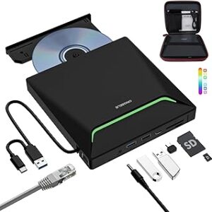 New External CD DVD Drive, Cool DVD Burner USB 3.0 with Ethernet Adapter, 3 USB and 2 TF/SD Card Ports, CD DVD Player Reader Writer Optical Disc Drive for Laptop PC Windows Mac with Carrying Case