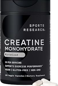 Sports Research® Creatine Monohydrate Capsules - Supports Workout Recovery, Lean Muscle gain, Performance and Strength* - Non-GMO, Vegan Certified - 5g per Servings - 30 Servings