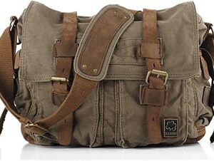 Sechunk Vintage Military Leather Canvas Laptop Bag Messenger Bags Medium