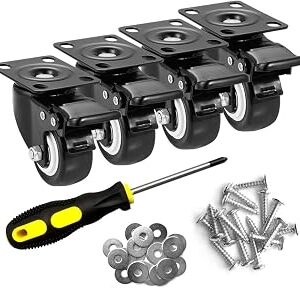 2 Caster Wheels Set of 4, Heavy Duty Casters with Brake, No Noise Locking Polyurethane (PU) Wheels, Swivel Plate Castors Pack 4