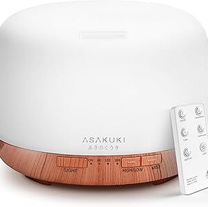 ASAKUKI Essential Oil Diffuser for Home, 500ML Aromatherapy Diffuser Humidifier with Remote Control, 7 Color LED Lights, Quiet Cool Mist Diffuser for Bedroom, Living Room, Office (Yellow)