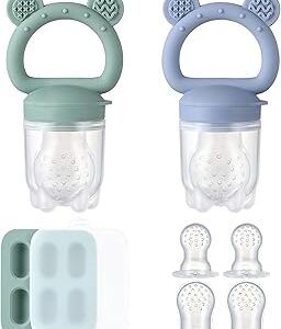 2 Pack Silicone Baby Fruit Feeder with Mini Freezer Tray, Breastmilk Popsicle Molds for Baby Teething Relief, Fresh Food Feeder for Safe Infant Self Feeding, Extra Food Pouches