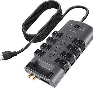 Belkin Surge Protector Power Strip w/ 8 Rotating & 4 Standard Outlets - 8ft Sturdy Extension Cord w/ Flat Pivot Plug for Home, Office, Travel, Desktop & Charging Brick - 4320 Joules of Protection