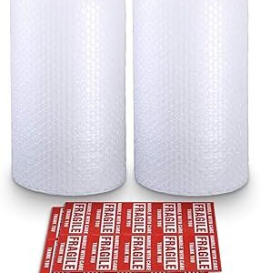 Bubble Cushioning Wrap Rolls, 3/16 x 12 x 72' ft Total [2 Rolls of 36 Feet] Perforated Every 12, 20 Fragile Stickers for Packaging, Shipping, Mailing
