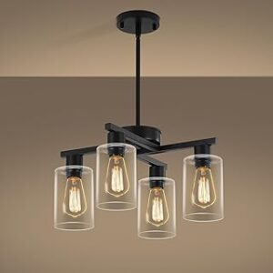 4-Light Modern Farmhouse Black Chandelier, Dining Room Light Fixture Over Table Adjustable Height Hanging Industrial Pendant Lights Kitchen Island, Clear Glass Shade