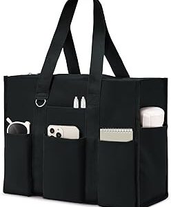 Becokan Large Tote Bag for Women Waterproof with 12 Pockets Top Zipper Closure Utility Teacher Nurse Bags for Work School