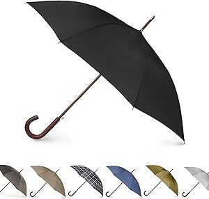 Totes Eco Auto Open Umbrella Classic Wooden J Stick Handle with Easy Grip - Windproof, Rainproof and Durable Canopy Design – Versatile Travel, Perfect for Rainy Days