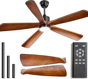 52 Inch Ceiling Fan with Light - 5 Walnut Wood Blades, UL Damp Rated for Indoor & Outdoor, 3 Color LED (3000K-6500K), DC Motor, 6-Speed Reversible Remote, Dimmable - Farmhouse Bedroom