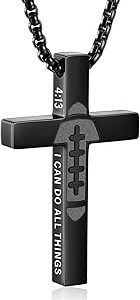 Football Cross Necklace for Boys Men, Stainless Steel Bible Verse Cross Pendant Chain Sports Gear Stuff Easter Christian Religious Jewelry Gifts for Teen Boys Kids