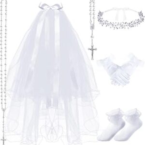 Funtery 6 Pcs First Communion Veils Girls Catholic Set 1st Communion Wreath Veil Headpiece Sock Necklace Bracelet Kid Wedding
