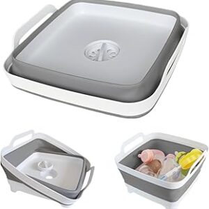 GIMWA Collapsible Wash Basin with Drain Plug - 2.4 Gallon Foldable Kitchen Sink for Baby Bottles, RV Camping, Space-Saving Dish Tub (Gray)