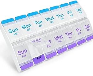 EZY DOSE Push Button (7-Day) Pill Case, Medicine Planner, Daily Vitamin Organizer, 2 Times a Day AM/PM, X-Large Compartments, Arthritis Friendly, Easy to use, Clear Lids, Purple and Blue, BPA Free
