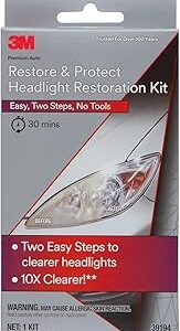 3M Auto Restore and Protect Headlight Restoration Kit, Use On Plastic Lenses, Headlights, Taillight, Fog Lights and More, Includes Sanding Discs, Headlight Clear Coat Wipes, Foam Pad and Glove (39194)