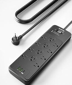 PLUGTUL Surge Protector Power Strip 5FT(4080J), Black Surge Protector with 12 Outlets - Spacious Design for Large Plugs, Flat Plug, 20W USB C Charging for Home, Office, ETL Listed