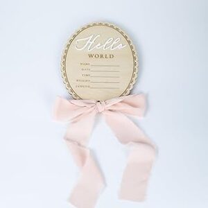 Baby Announcement Sign 6.5 Inch Wooden Hello World Newborn Welcome Sign Birth Name Plaques for Photo Props Shower Hospital Nursery (Pink)