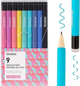 Grabie Erasable Gel Pens, Medium Point 0.7 mm Erasable Pens, Make Mistakes Disappear for Drawing Writing Planner, Pack of 9 Assorted Colors