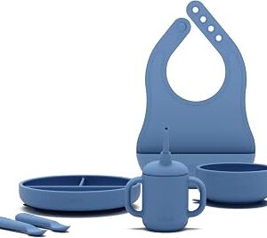 Lalo First Bites Silicone Baby Feeding Set - Baby Led Weaning Supplies - Non-Toxic Silicone - Includes 1 Bib, 2 Spoons, Training Cup, Suction Plate and Bowl - 6 Pieces - Blueberry