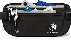 VENTURE 4TH Money Belt for Travel – Hidden Under-Clothes RFID Blocking Passport Holder & Slim Travel Wallet Pouch for Men & Women to Protect Cash, Cards & Documents (Black)