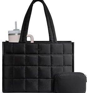 LOVEVOOK Tote Bag for Women, Puffer Work Handbag 15.6 Inch Laptop Purse for Nurse Teacher, Large Quilted Travel Tote Shoulder Bag with Zipper for College Office Clinical Gym, Black