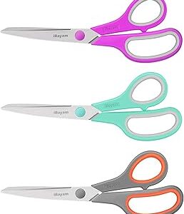 Scissors, iBayam 8 All Purpose Scissors Bulk 3-Pack, Ultra Sharp 2.5mm Thick Blade Shears Comfort-Grip for Office Desk Accessories Sewing Fabric Home Craft Teacher School Supplies, Right/Left Handed