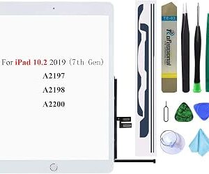 White Touch Screen Replacement Parts Digitizer Glass Assembly for iPad 7 7th Generation 2019 10.2 inch (A2197 A2198 A2200) with Home Button+Professional Tool Kit