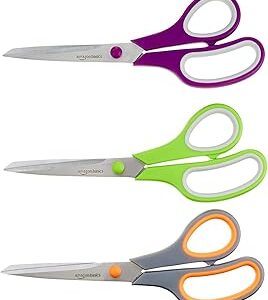 Amazon Basics Multipurpose Stainless Steel Scissors for Office, Crafts, Right/Left Handed, Comfort Grip, PVD Coated, 3-Pack, Multicolor