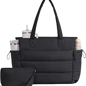 LOVEVOOK Tote Bag for Women with Giant Tumbler Holder Pocket, Puffer Work Travel Laptop Handbag with Zipper for Nurse Teacher