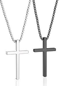 Romass 2 Pcs Cross Necklace for Men Boys,Stainless Steel Pendant Silver Black Gold Crosses Chain Jewelry Gifts Box 16-30 inches