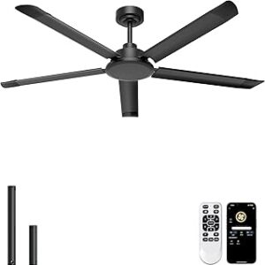 Ohniyou 60'' Ceiling Fan No Light, Black Industrial Ceiling Fan with Remote/APP, Aluminum Blades, 6800 CFM DC Motor for Patios, Living Room, Shop, Garage