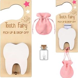 DoubleFill Tooth Fairy Gift Holder Bag Door Hanger Tooth Fairy Kit Stores Lost Teeth Keepsake Box Easter Gift World Oral Health Day Gifts for Lost Teeth Boy Girl(Classic,Pink)