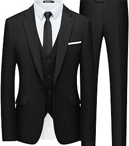 WULFUL Men’s Slim Fit Suit One Button 3-Piece Blazer Dress Business Wedding Party Jacket Vest & Pant