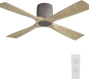 WINGBO 48 Inch Ceiling Fan Without Light, Solid Wood Flush Mount Ceiling Fan with Remote Control, Reversible Quiet DC Motor, 4 Blades,6-Speed, for Bedroom & Living Room, Graphite Finish +Gray Blade